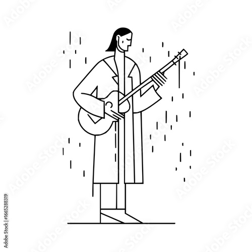 Minimalist line art of a musician playing guitar in a stylish coat vector illustration design