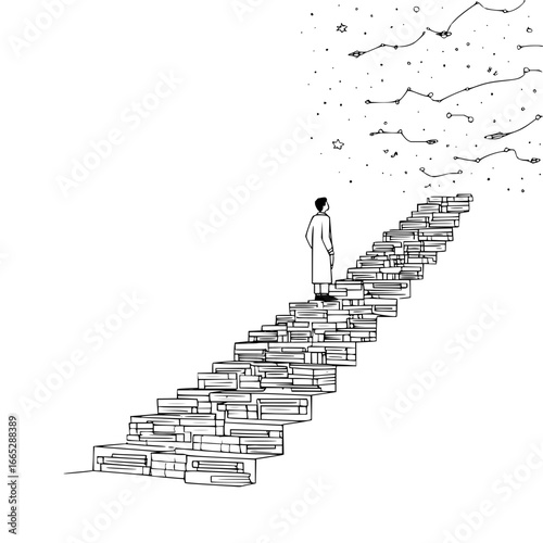 Illustration of man climbing book stairs to space and stars vector art educational journey concept