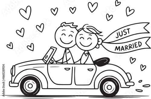 Newlywed couple in a wedding car: a drawing of happy newlyweds, riding off into their future in a classic convertible, the car adorned with Just Married banner, symbol of love and romance. 
