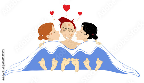 All you need is love. Love rendezvous in the bed. 
Two women kiss confused and happy man. Three happy people make love under a blanket. Heart symbols
