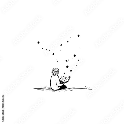 Boy reading book under stars illustration vector art for kids story time and imagination concept design art vector