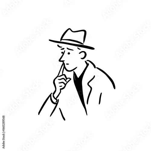 Illustration of thoughtful man in hat thinking about a problem solving a mystery or making a decision