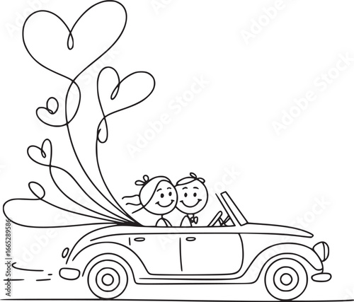 Love on Wheels: A charming illustration captures a newlywed couple joyfully driving away in a vintage car, with hearts floating overhead symbolizing their love and journey together.