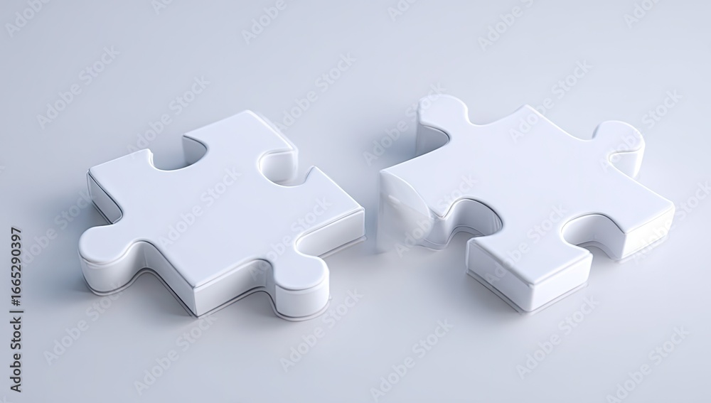 Obraz premium Two white puzzle pieces, slightly separated, on a light gray surface (1)