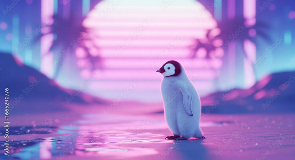 Fototapeta premium Retro 80s neon vaporwave penguin standing on a platform