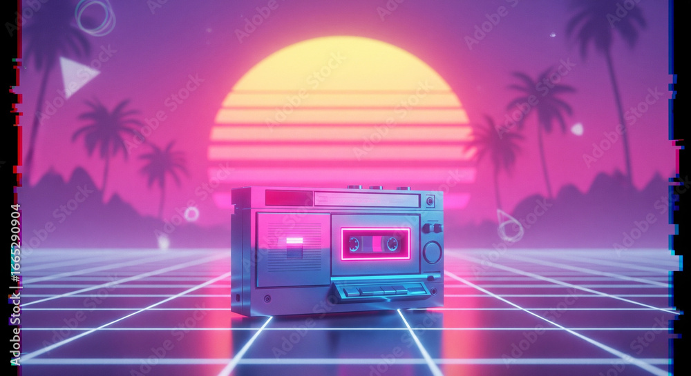 Naklejka premium Retro 80s neon vaporwave scene with boombox, palm trees, and sunset grid