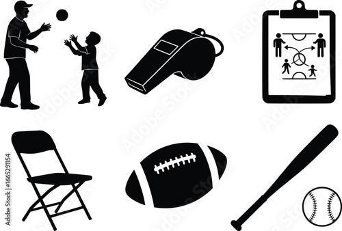 Sports coaching icon set silhouette featuring father child playing ball whistle clipboard football baseball bat and ball