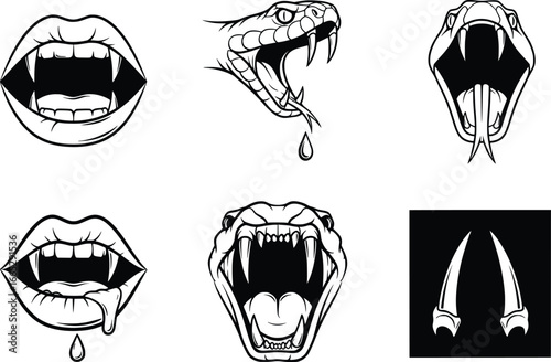 Creepy vampire mouths and fangs set with dripping saliva and snake head illustration