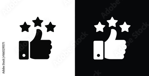  Split icon of thumbs-up and three stars in black and white contrast, symbolizing feedback, rating, approval, and user satisfaction
