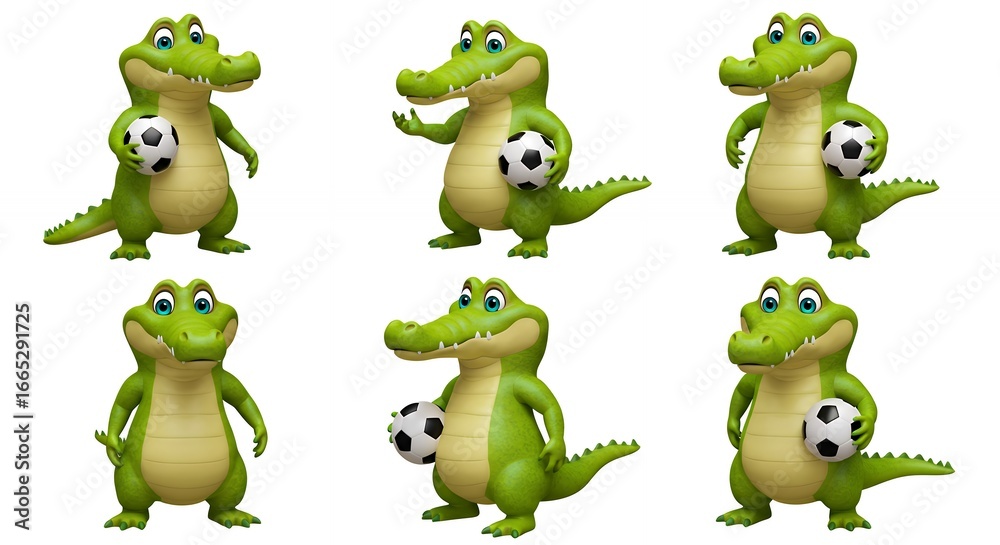 Fototapeta premium Cartoon crocodiles holding soccer balls