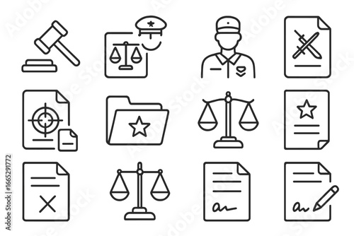Military Justice Icons. Line style icons of military and justice: court-martial icon, military tribunal symbol, soldier rights