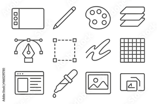Digital Creativity Icons. Line style icons of digital creativity: graphic tablet, stylus pen icon, digital palette, layers panel