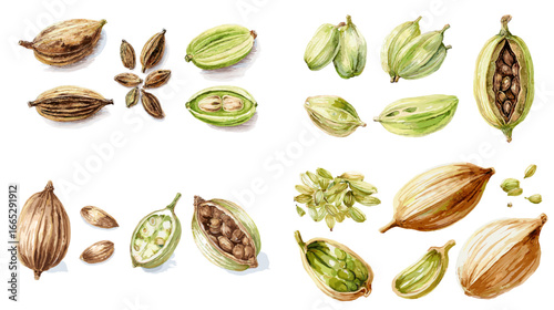 Watercolor cardamom illustration set showing pods, seeds, and split capsules in green and brown tones. Ideal for culinary design, packaging, menus, and botanical education.
