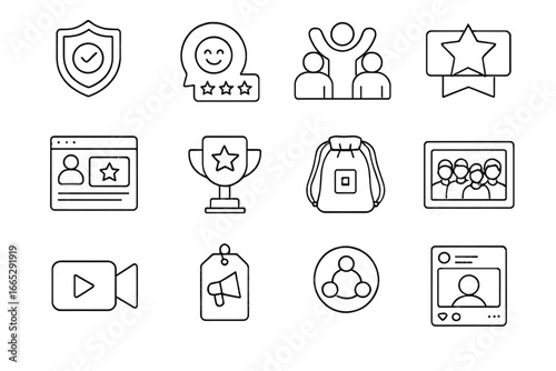 HR Branding Icons. Line style icons of HR branding and image: employer of choice badge, positive review icon, company culture icon