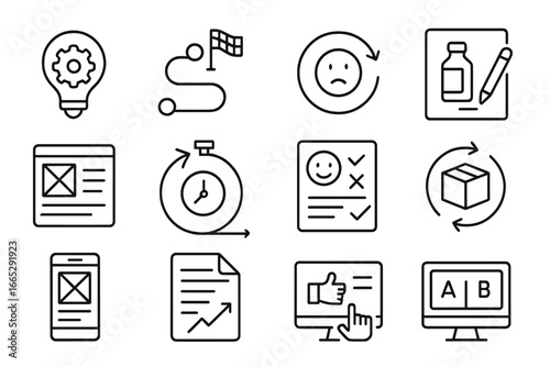 Product Innovation Icons. Line style icons of product innovation: new feature bulb, product roadmap icon, feedback loop icon,