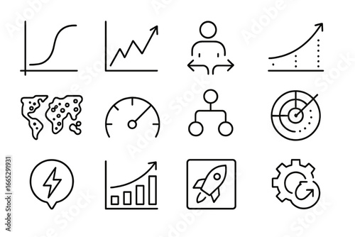 Innovation Icons Collection. Line style icons of innovation indicators: tech adoption graph, trend spike icon, user behavior shift