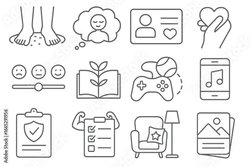 Coping Strategies Icons. Line style icons of coping strategies: grounding technique icon, visualization cloud, support contact