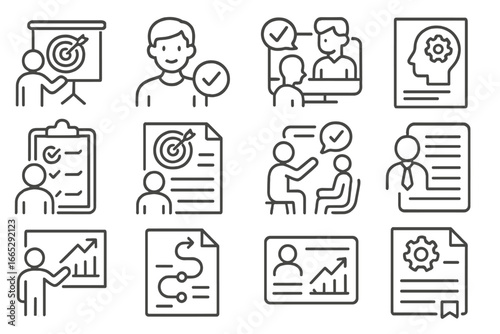 Productivity Coaching Icons. Line style icons of productivity coaching: goal session icon, productivity coach avatar, success