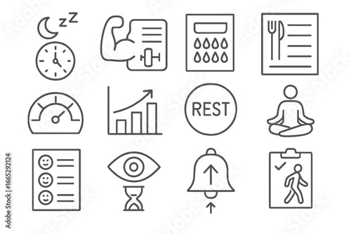 Health and Productivity Icons. Line style icons of health and productivity: sleep schedule icon, workout log card, water intake
