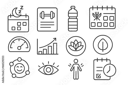 Health and Productivity Icons. Line style icons of health and productivity: sleep schedule icon, workout log card, water intake