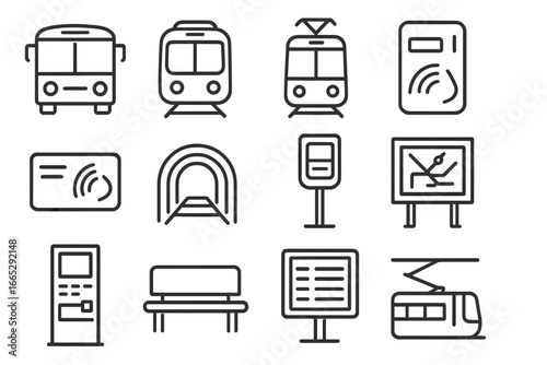 Public Transport Icons. Line style icons of public transportation: city bus icon, metro train icon, tram symbol, ticket validator,