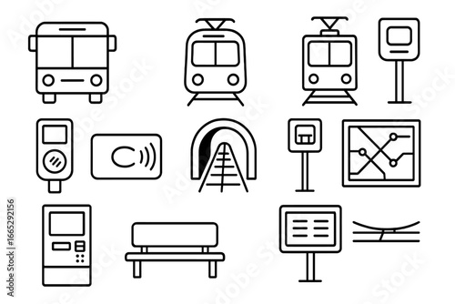 Public Transport Icons. Line style icons of public transportation: city bus icon, metro train icon, tram symbol, ticket validator,