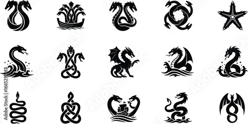 Mythical creature silhouettes set dragons hydras serpents and zodiac symbols for tattoo and design projects