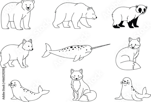 Arctic wildlife silhouette collection featuring polar bears seals narwhals and other ice environment creatures