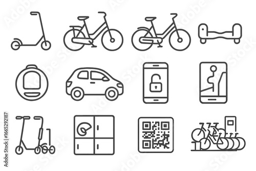 Urban Micro-Mobility Icons. Line style icons of urban micro-mobility: e-scooter icon, rental bike symbol, foldable e-bike, urban