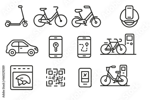 Urban Micro-Mobility Icons. Line style icons of urban micro-mobility: e-scooter icon, rental bike symbol, foldable e-bike, urban
