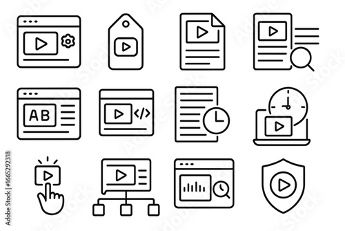 Video SEO Icons. Line style icons of SEO for videos: video optimization icon, YouTube SEO tag, video title tag, video description