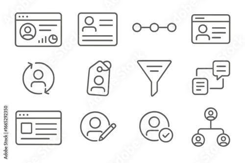 CRM Integration Icons. Line style icons of CRM integration: CRM dashboard icon, customer profile card, contact history timeline,