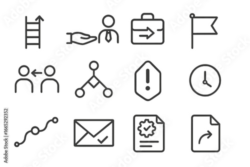 Line Style Icons. Line style icons of escalation and resolution: escalation ladder icon, manager handoff icon, transfer case arrow
