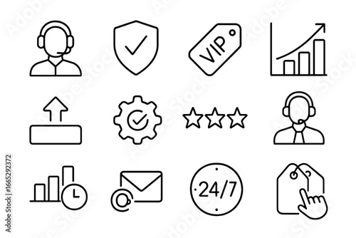 Support Service Icons. Line style icons of support service levels: basic support icon, premium support badge, VIP support tag,