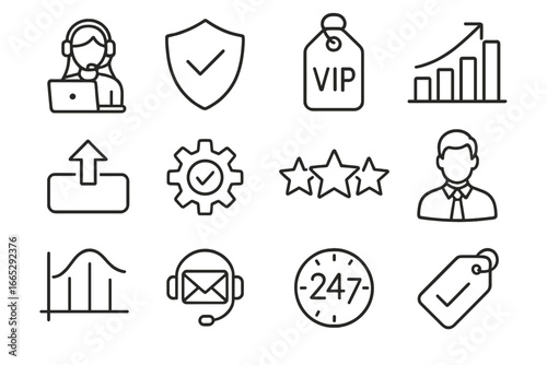 Support Service Icons. Line style icons of support service levels: basic support icon, premium support badge, VIP support tag,