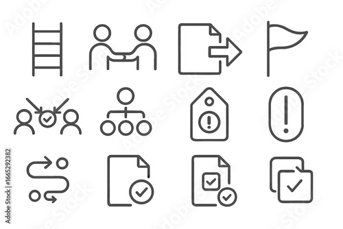 Line Style Icons. Line style icons of escalation and resolution: escalation ladder icon, manager handoff icon, transfer case arrow