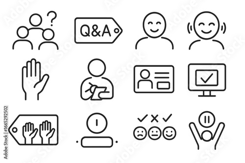 Pitch Audience Icons. Line style icons of pitch audience engagement: audience question icon, Q&A session tag, investor smile icon,