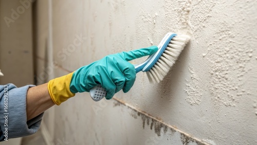 Cleaning Moldy Wall with Scrub Brush and Gloves
