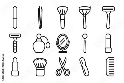 Personal Care Icons. Line style icons of personal care tools: nail file, tweezers icon, makeup brush, eyelash curler, razor icon,