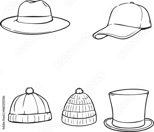 This black and white vector graphic showcases a collection of different headwear styles.