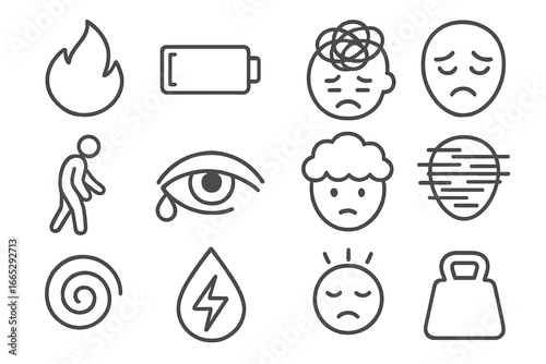 Emotional Exhaustion Icons. Line style icons of emotional exhaustion: burnout flame, battery low icon, drooping face, overwhelmed