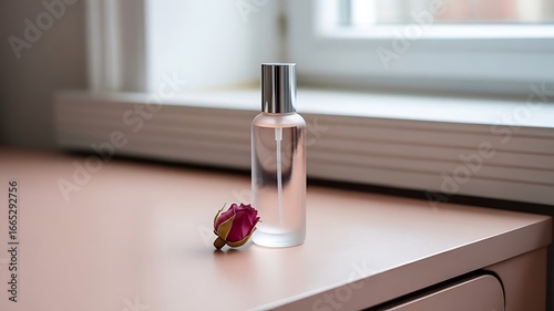 Elegant bottle of rosewater face mist to enhance your self-care ritual in a modern home setting