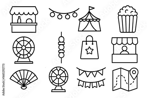 Festival Market Icons. Line style icons of festival market: food stall, carnival lights, fairground tent, popcorn bucket, Ferris