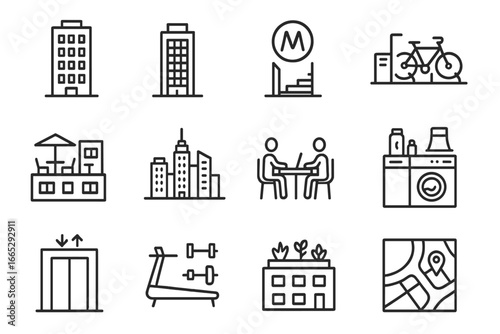 Urban Housing Icons. Line style icons of urban housing: apartment tower, high-rise icon, metro access, bike share station, rooftop