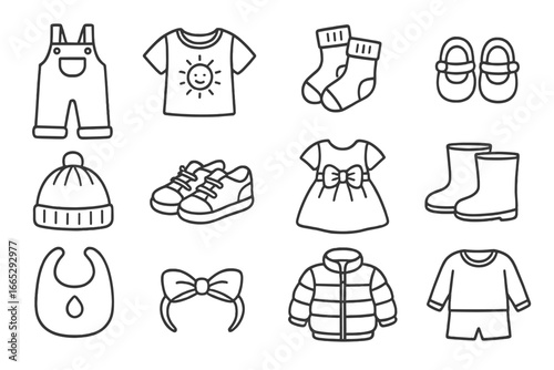 Kids Fashion Icons. Line style icons of kids fashion: overalls icon, graphic tee, cute socks, cartoon shoes, beanie cap, tiny
