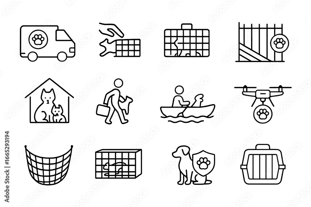 Fototapeta premium Animal Rescue Icons. Line style icons of animal rescue and safety: animal ambulance, trap release, cage icon, wildlife barrier,