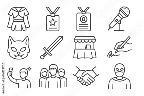 Cosplay Icons Collection. Line style icons of cosplay and fan events: cosplay outfit, fan badge, event pass, stage mic, character