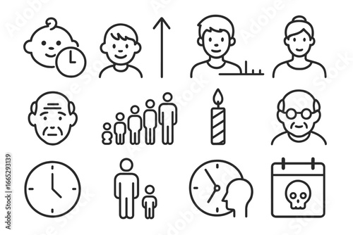 Icons of Life Stages. Line style icons of aging and lifespan: baby clock, child milestone, teen growth, adult timeline, aging face