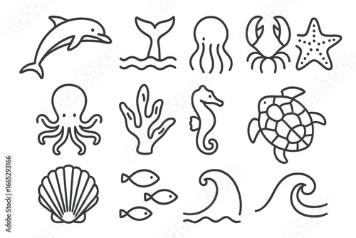 Marine Line Art Icons. Line style icons of sea creatures: dolphin icon, whale tail, octopus icon, jellyfish outline, crab claws,