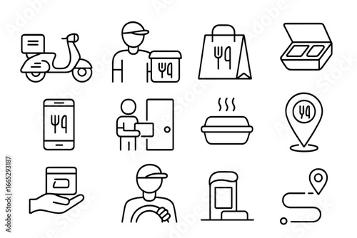 Food Delivery Icons. Line style icons of food delivery services: delivery scooter, food courier icon, takeaway bag, meal box,